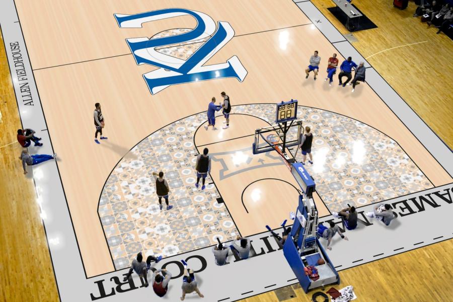 A visualisation of a basketball court with people playing on it, in tones of brown, grey and blue.