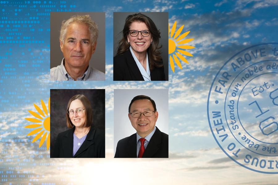 Photos of David Farber, Kathleen Lynne Lane, Ruth Welti, and X. Long Zheng superimposed over a photo of the sky with graphic elements.