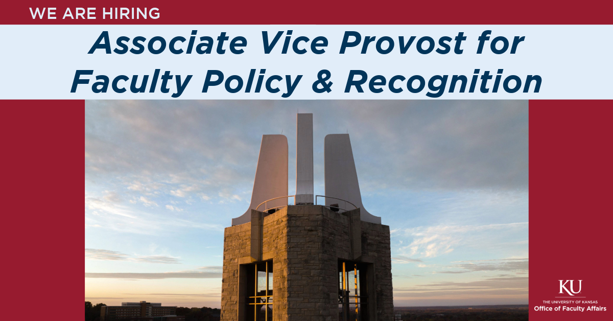 Campanile with text reading "we are hiring associate vice provost for faculty policy and recognition"