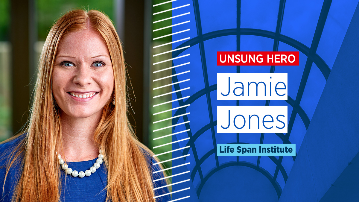 Photo illustration with a photo of Jamie Jones and text reading, "Unsung Hero. Jamie Jones. Life Span Institute."