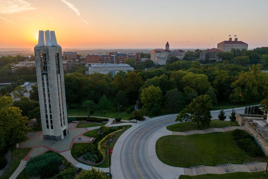 Campanile and Memorial Drive at sunset.