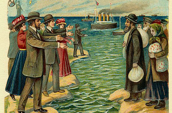 A painting from depicts Jews from Imperial Russia with their bags packed looking across the ocean in hope of finding freedom and reuniting with fellow Jews in the United States.
