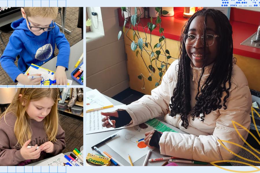 A young girl sitting at a desk coloring on a coloring page with marker.