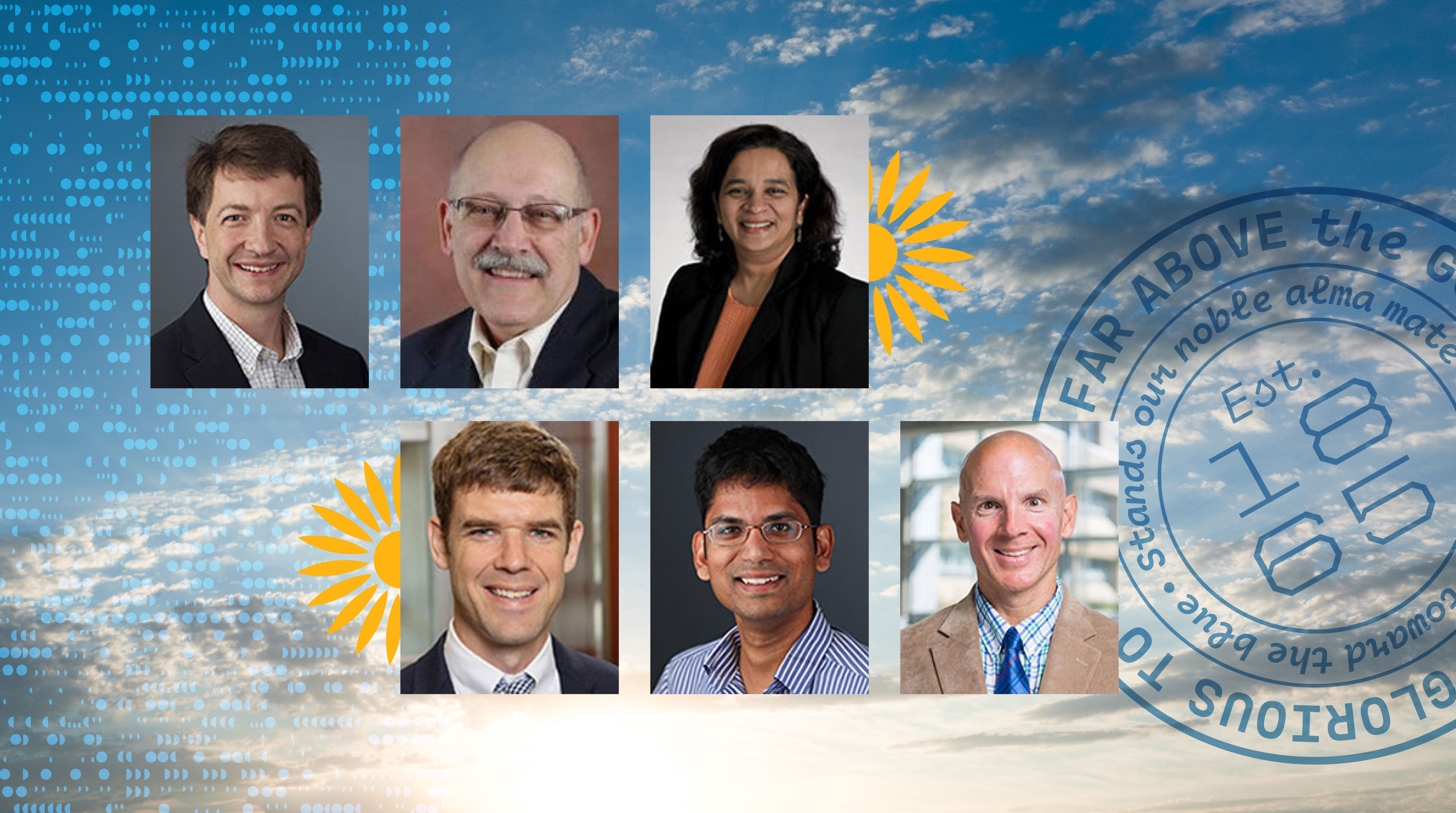 Portraits of 6 KU faculty members whose projects were selected for the Rock Chalk Ready commercialization program. Their images are set against a cloudy sky in the background with graphic elements as accents.