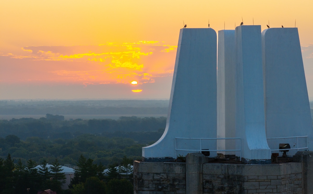 aerial shot of campanile at sunrise