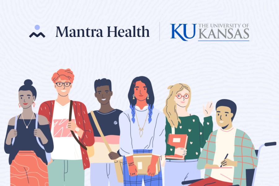 A header with illustrations of students, the Mantra Health logo, and the University of Kansas signature.