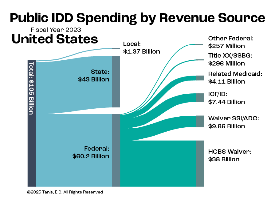 A graph that shows public IDD spending across the United States by revenue source, with a total of $105 billion that is made up of $43 billion at the state level, $60.2 billion at the federal level and $1.37 at the local level.