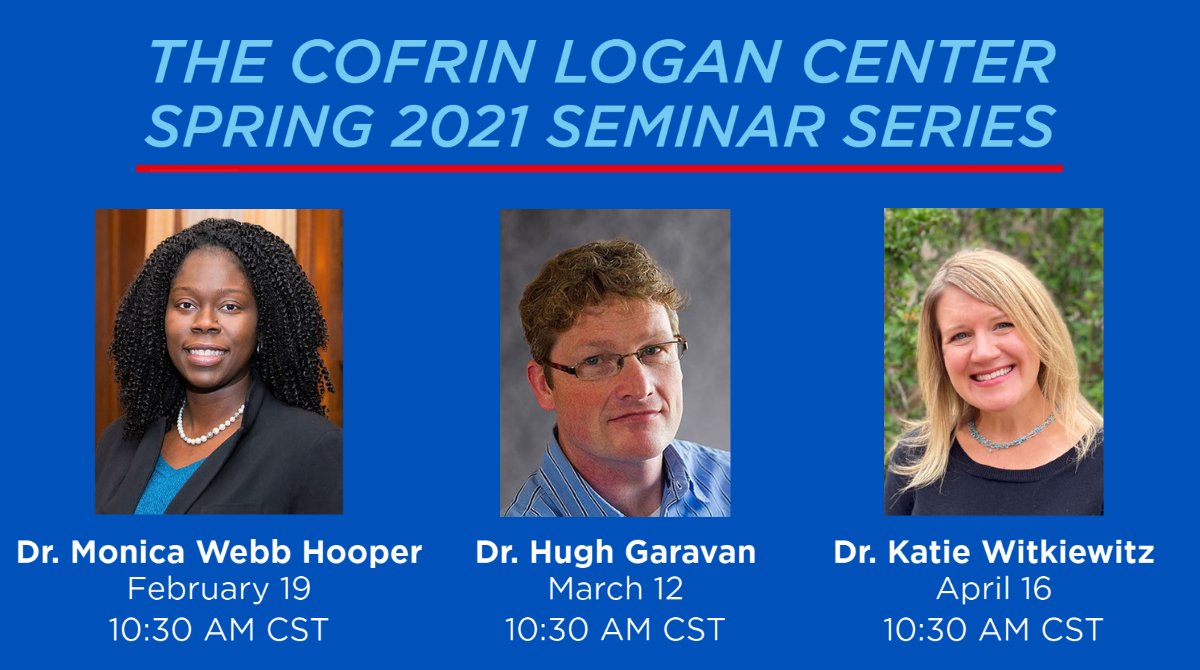 "A poster with three individuals is shown with the title The Cofrin Logan Spring Seminar Series at top"