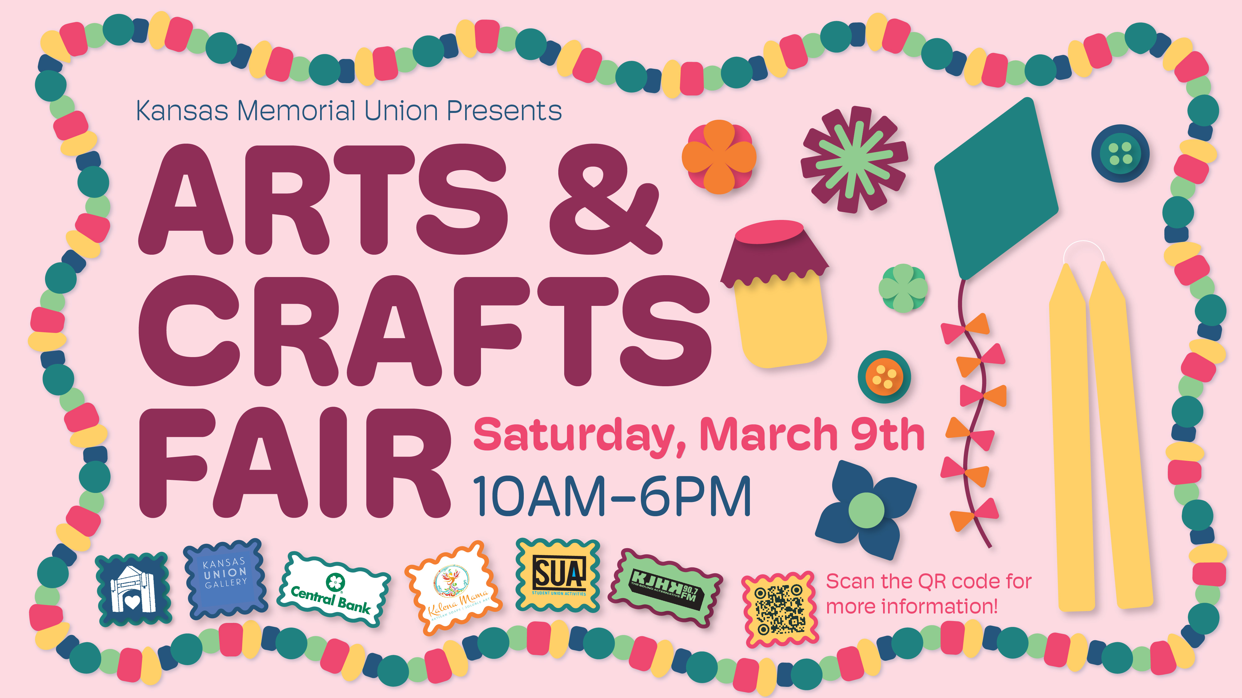 Graphic that states "KU Memorial Union Arts and Crafts Fair. March 9, 10 am - 6 pm"