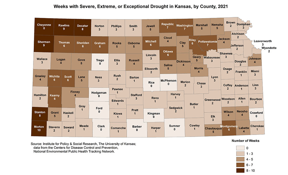 Chloropleth map showing severity of drought in Kansas by county, with most severe drought in northwestern and southwestern counties and some drought throughout most of the state.