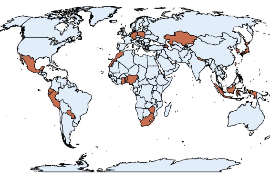 World map with the following countries highlighted: Indonesia, Japan, South Korea, Hong Kong, Kazakhstan, Taiwan, Nepal, Paraguay, Mexico, South Africa, Peru, Benin, Nigeria, Azerbaijan, Germany, Morocco, Poland, Ecuador, Zimbabwe and Ghana.