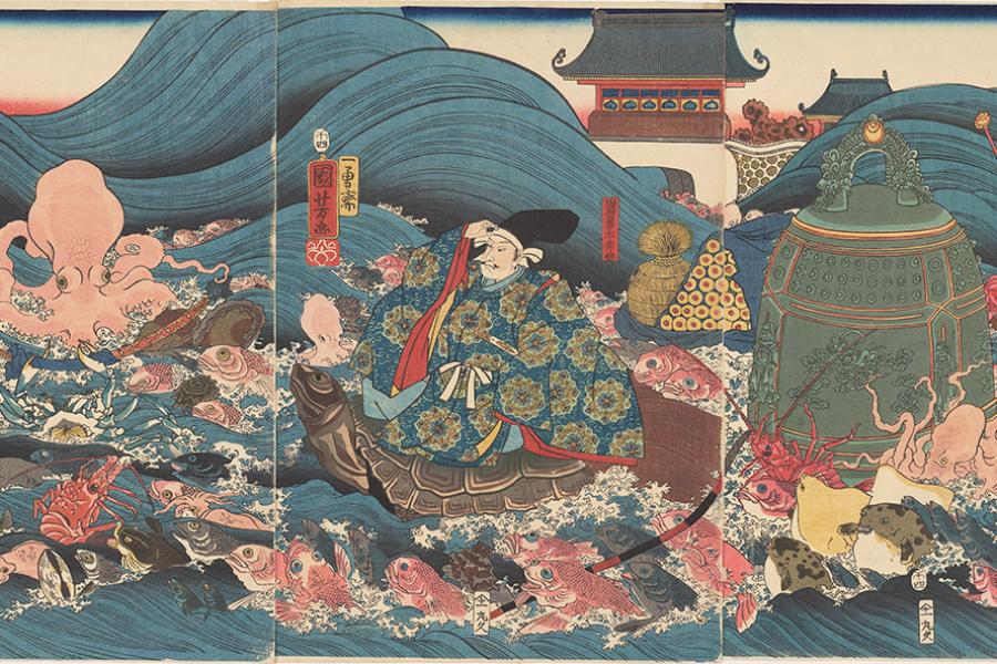 Artwork depicting man riding on a turtle's back across the sea, with a bronze bell in tow.