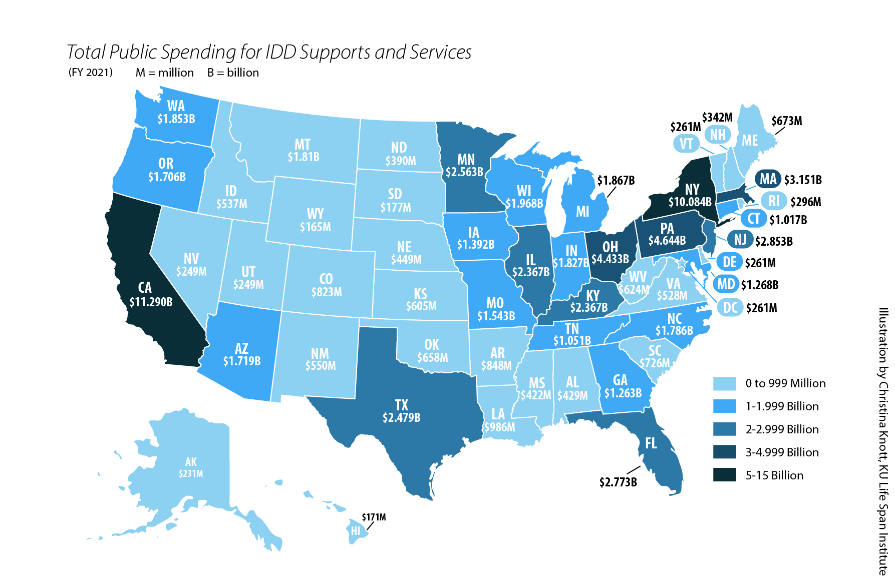 U.S. map showing total public spending for IDD supports and services