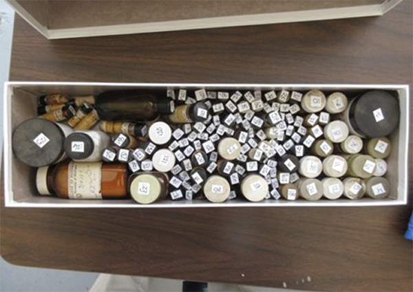 Drawer containing labeled bottles of pharmaceutical samples.