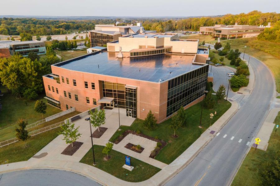 Aerial view of the University of Kansas School of Pharmacy building on the Lawrence campus.