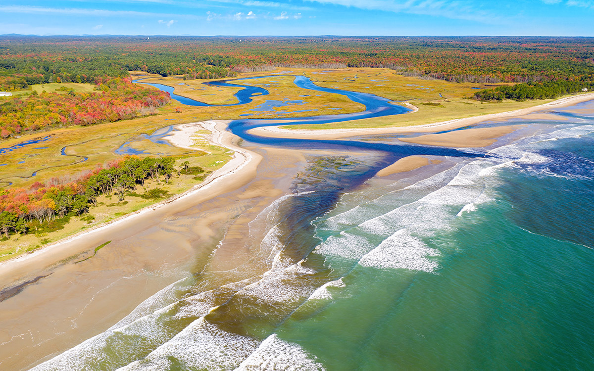 An aerial photo of Little River estuary in Wells Estuarine Reserve, Maine.
