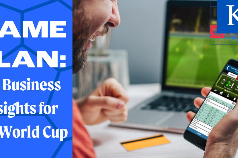 Graphic with the text "Game Plan: KU Business insights for the World Cup" next to a stock image of a person watching a soccer game on a laptop while holding a smartphone showing an online sports betting site and a credit card next to the laptop.