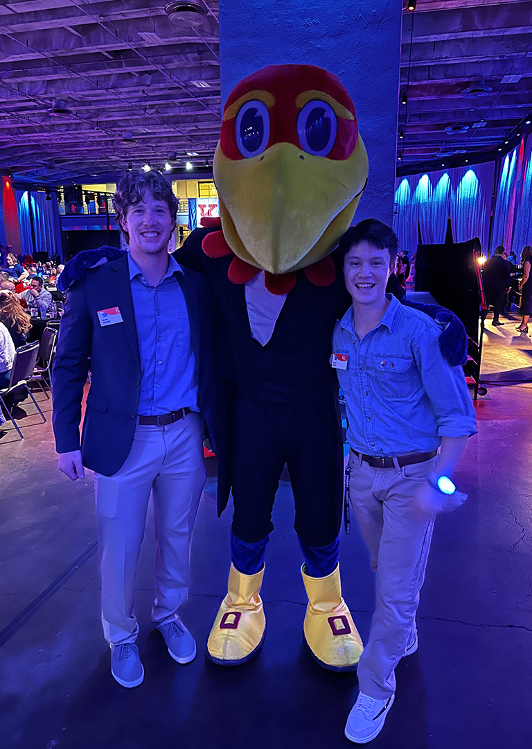 Barker (right) with a friend and Big Jay at Rock Chalk Forever.