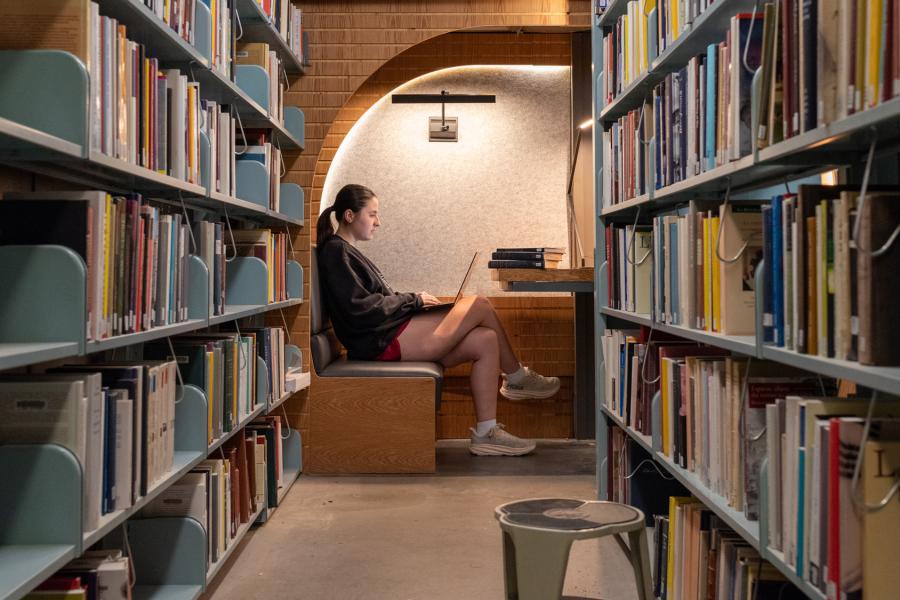A student uses a laptop in the renovated study carrels in Watson Library.