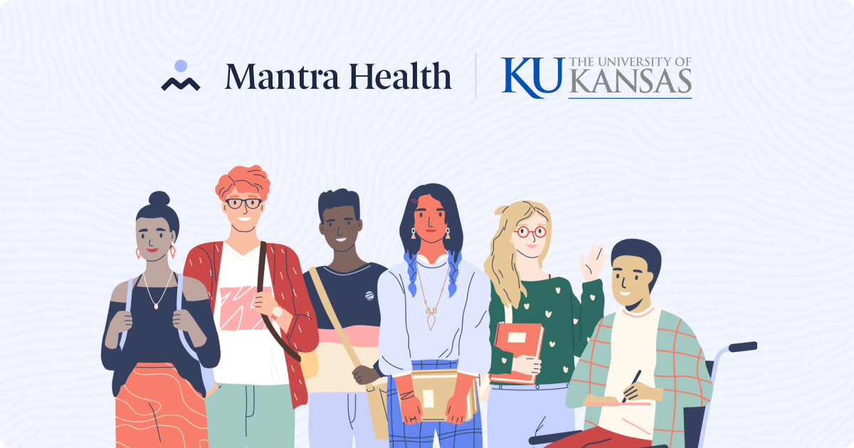 A header with illustrations of students, the Mantra Health logo, and the University of Kansas signature.