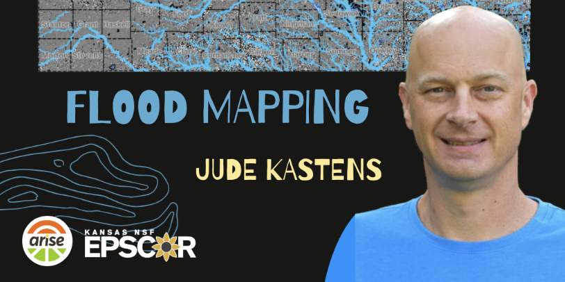 Kansas map with river systems and image of Jude Kastens