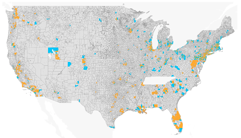 An image of the United States showing the school districts color coded to represent those which saw a more than 10 percent increase in students of color enrolled between 2000 and 2020. Tennessee, Alaska and Hawaii are not included, as they did not have data available.