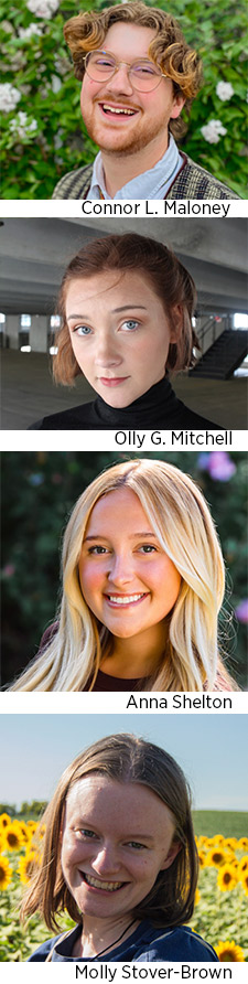 series of four portraits of students shown from shoulders up. Most smile and three pose in front of greenery.