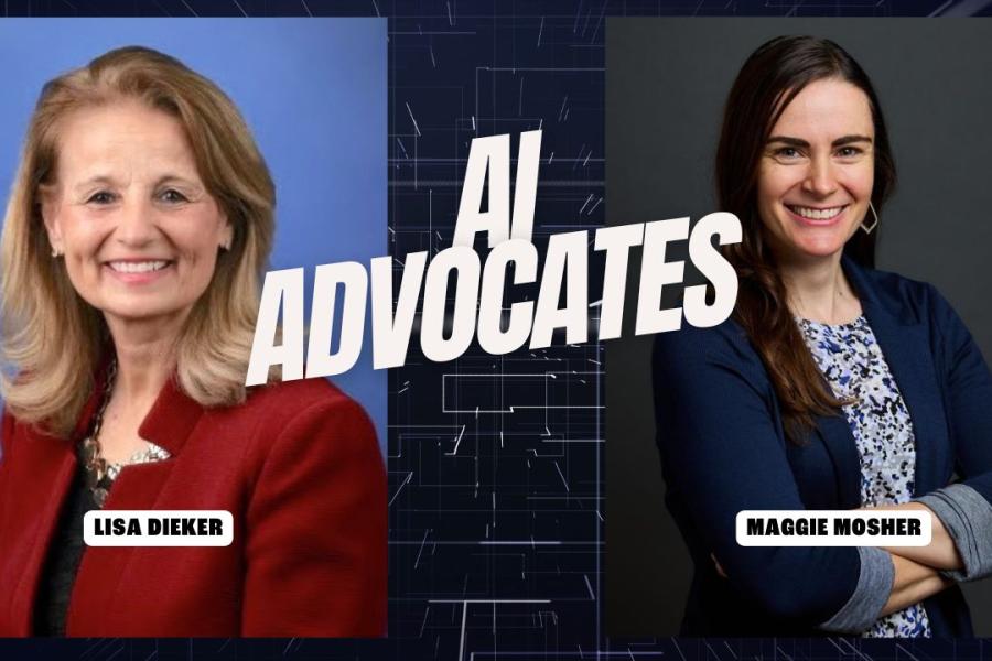 Podcast Cover Art for AI Advocates. Featuring Lisa Dieker and Maggie Mosher set against an abstract background.
