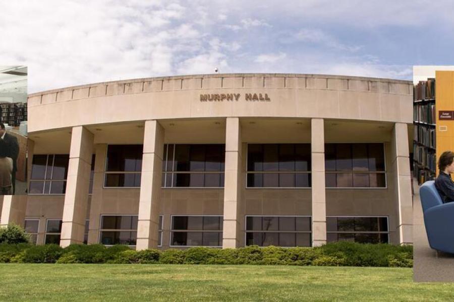 Murphy Hall on KU's campus with overlaid images from the Gorton Library.
