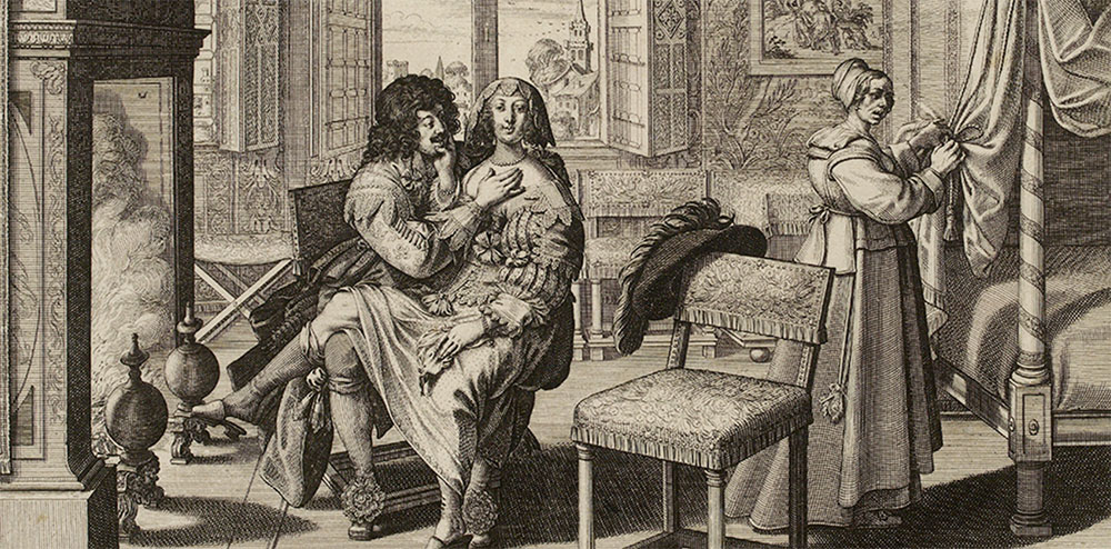 Paul Scott says the engraving “The Touch” by Abraham Bosse, 1638-1640, was intended to suggest the woman’s dress and demeanor have encouraged her companion’s behavior, and comports with the contemporaneous anti-décolletage campaign. Credit: Carnavalet History of Paris Museum 