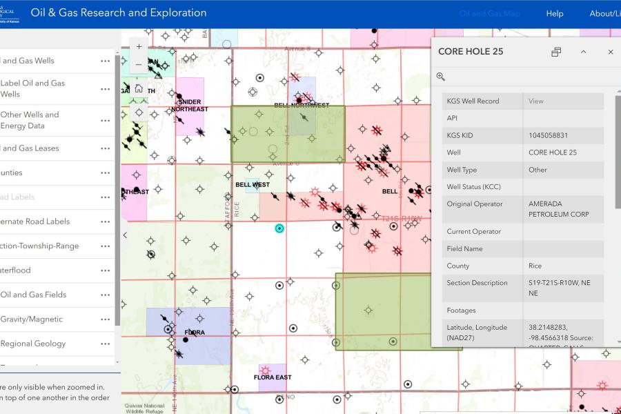 Portion of oil and gas interactive mapper displaying information for sample well.