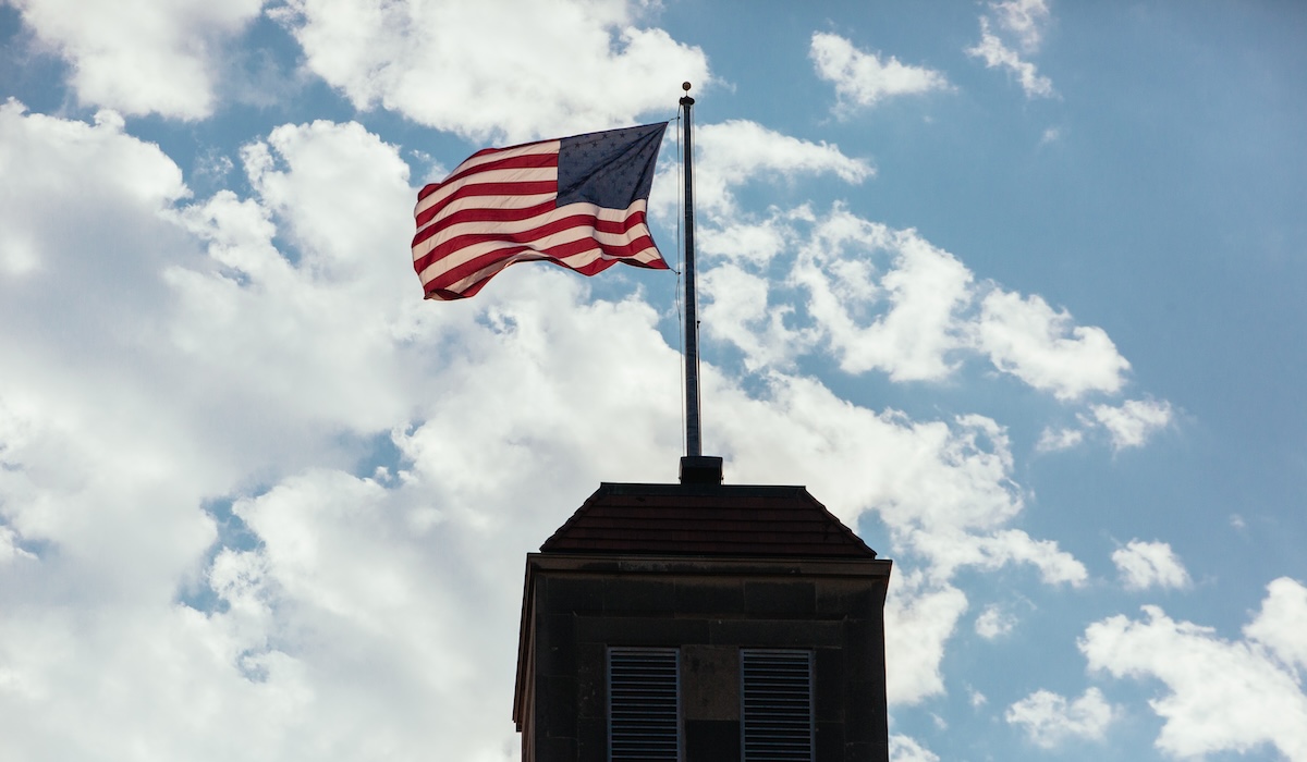 U.S. flag flying atop Fraser Hall