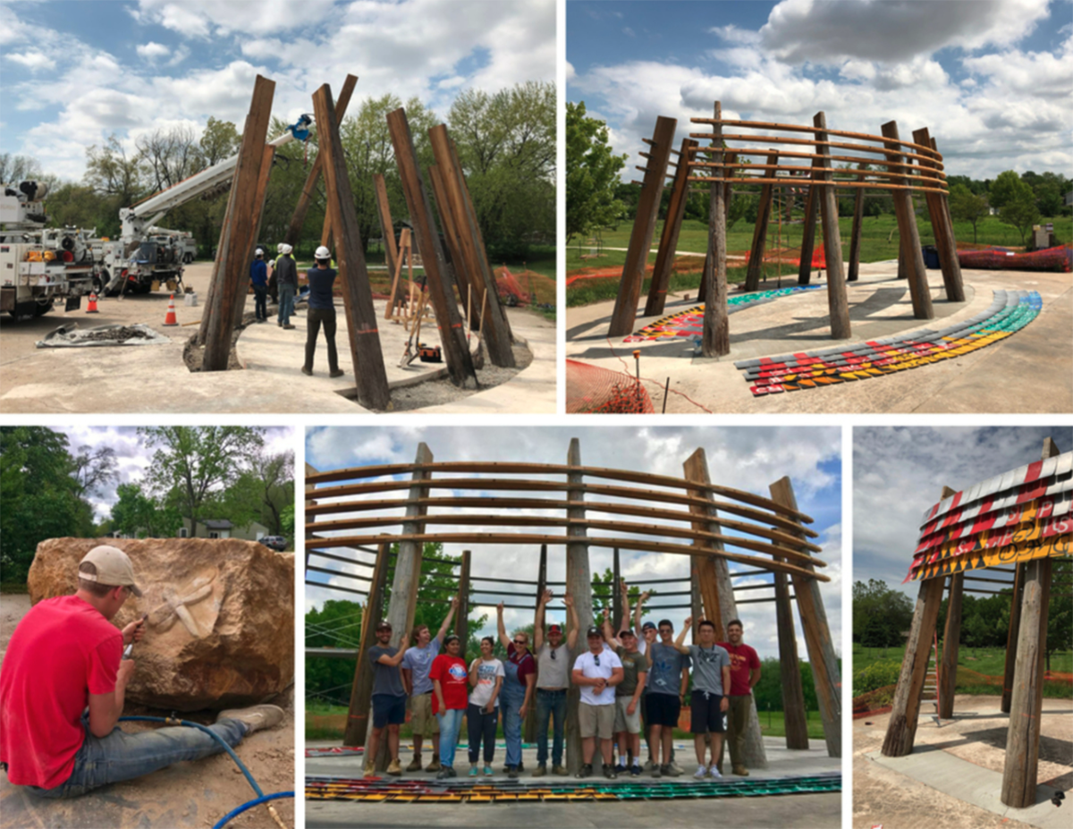 Collage of images showing the construction of Kaw Pavilion, a colorful shade structure in an East Lawrence park.