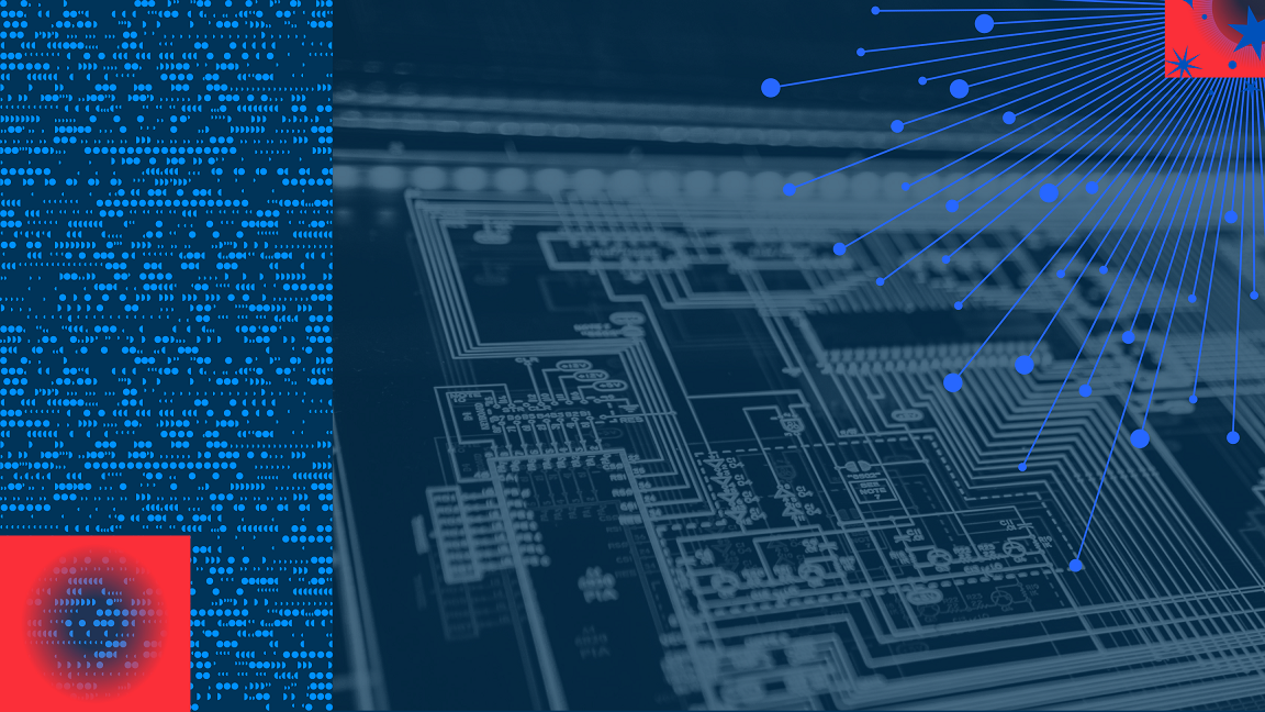 A circuit board with a dark blue overlay and blue and red KU graphic elements.