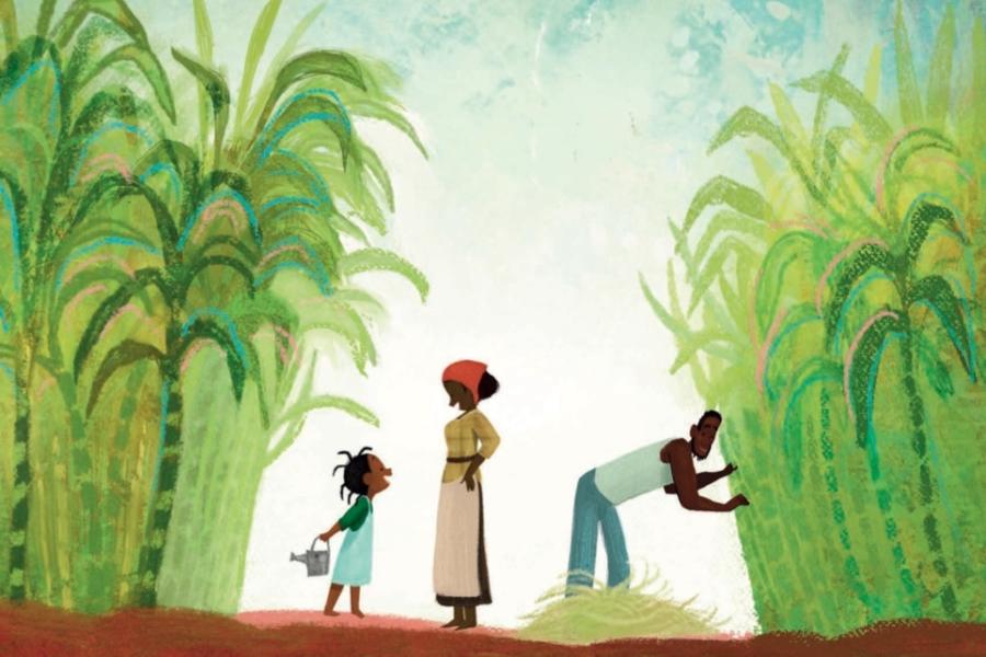 An illustrated version depicts a childhood snapshot of writer Zora Neale Hurston as she tells stories to two adults while they harvest sugar cane.
