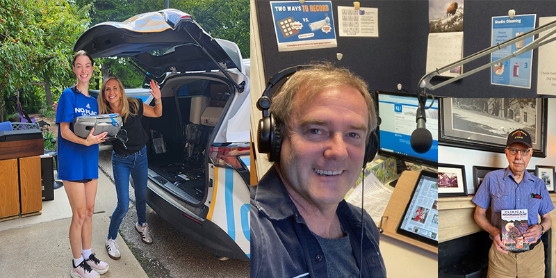 A collage of three images include one with Meredith Johanning with a KU student named Tess loading equipment into the KPR van, one featuring volunteer Michael Gier reading in the Audio-Reader studios, and the third of Dr. Carl Graves holding a textbook he read as a special request.
