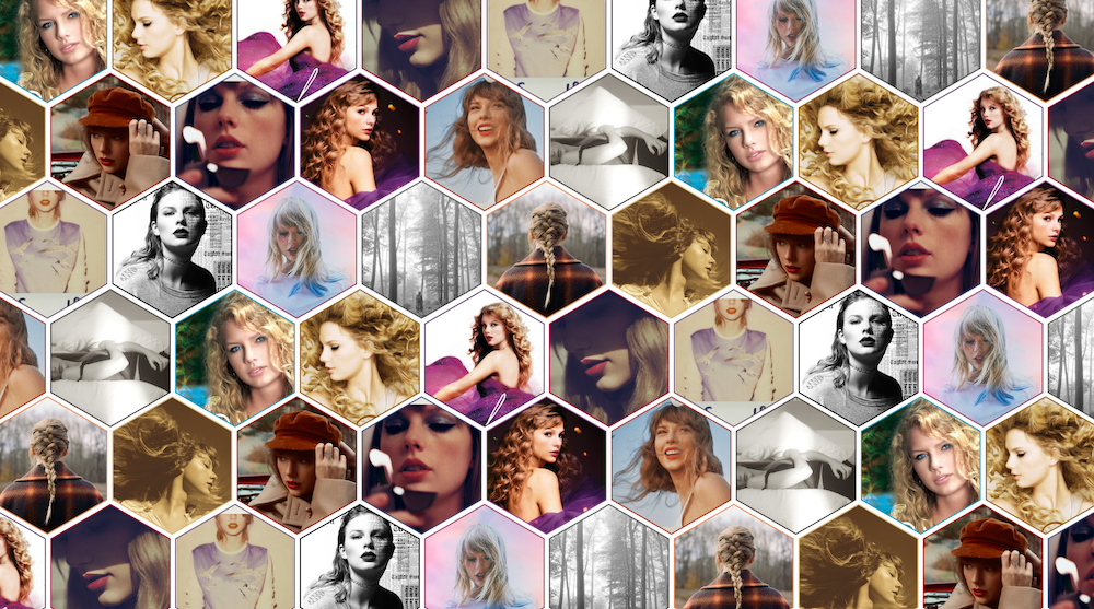 Collage of hexagon-shaped Taylor Swift album covers