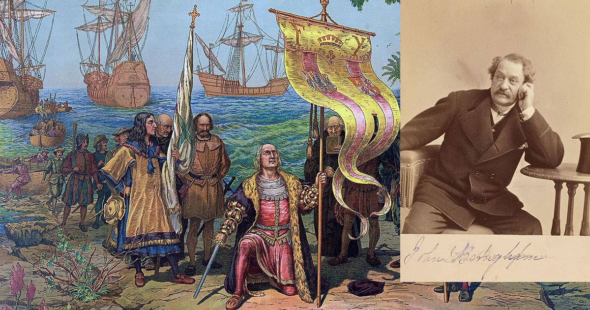 Image: Illustration combines artwork titled “Columbus Discovers America” by Gergio Deluci, printed in 1893 by Prang Educational Co., Boston, and an inset photo of John Brougham circa 1880 credited as TCS 1.3735, Harvard Theatre Collection, Harvard University. Credit: Rick Hellman / KU News Service