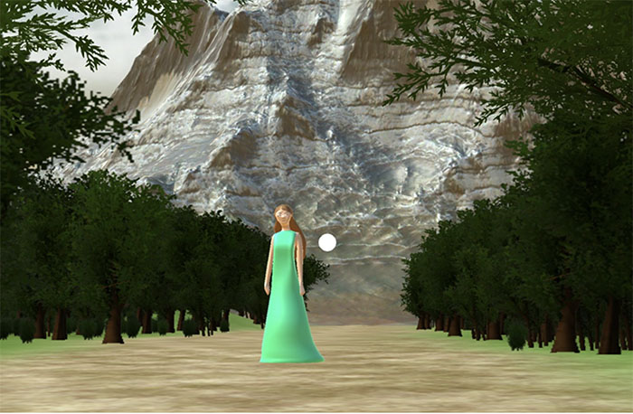 computer-generated figure in green dress stands in mountainous landscape