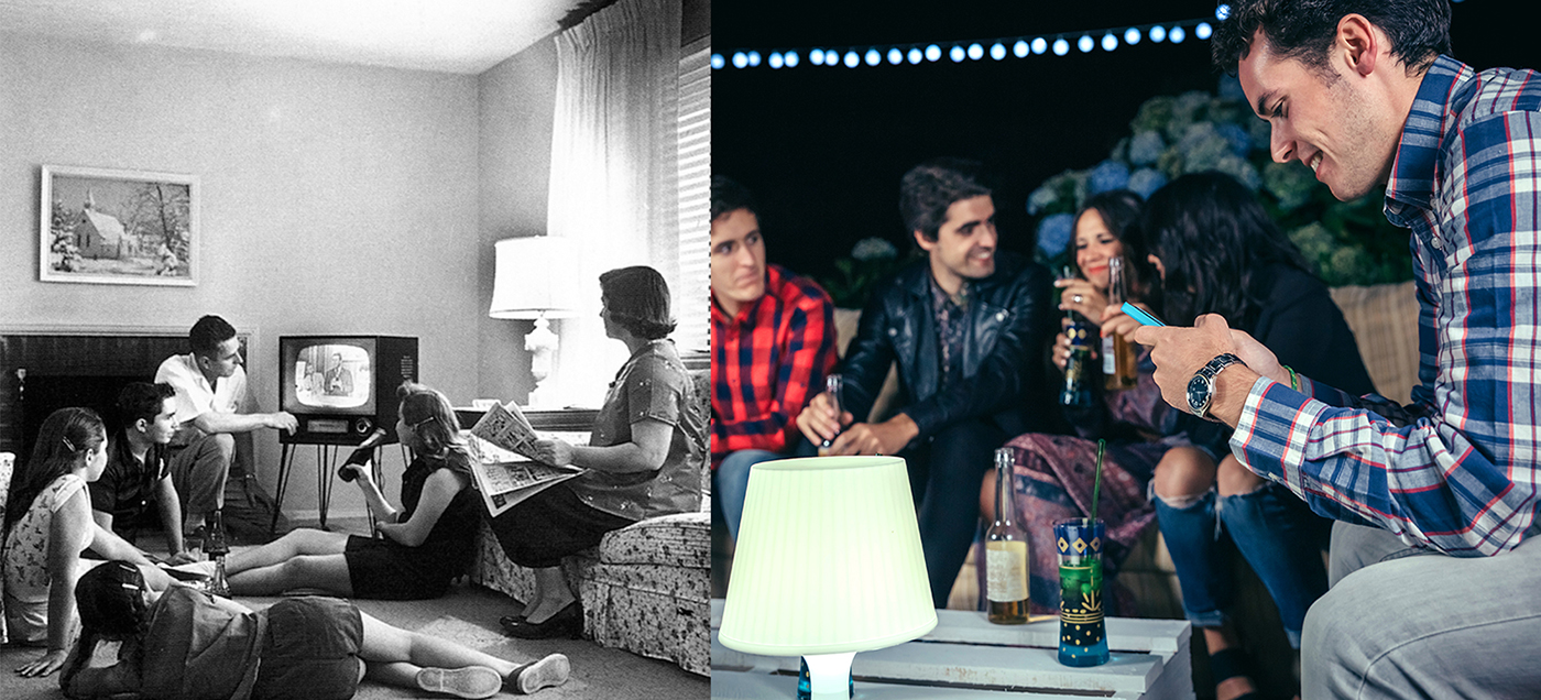 Left: “Family watching television, c. 1958,” Evert F. Baumgardner, National Archives & Records Administration. Right: iStock Photo.