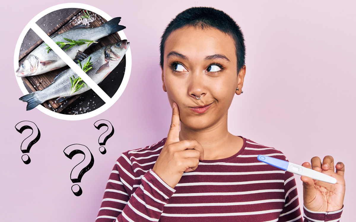 A woman with short brown hair holds a pregnancy test while looking at a fish dinner with question marks surrounding it