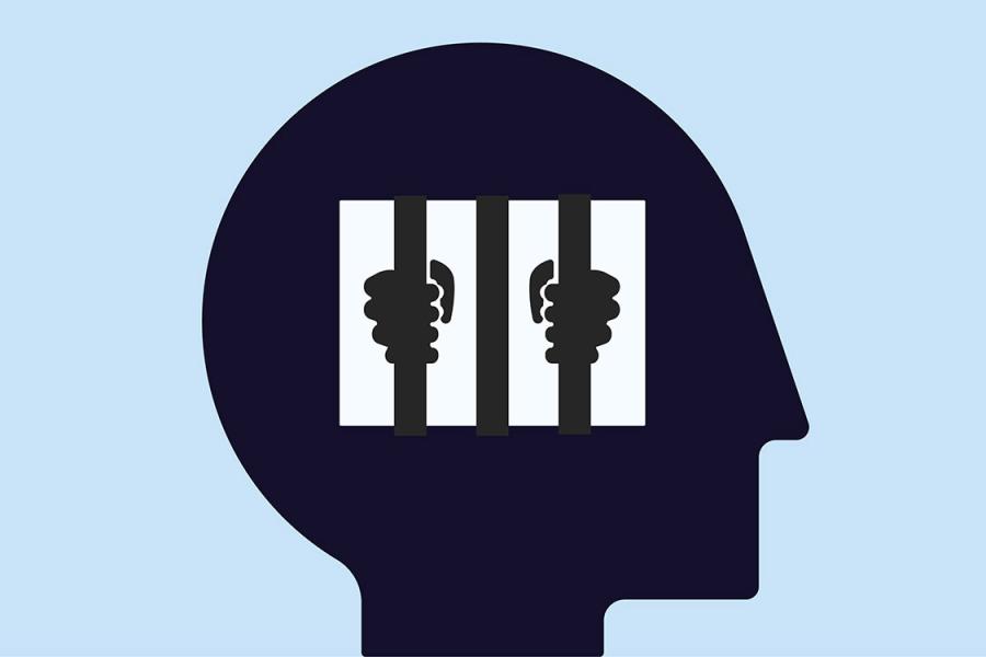 An illustration of a human head with hands grasping bars of a cell from inside.