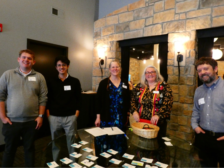 Left to right: KU Student Interns Jacob Morton and Neil Sharma with Audio-Reader staff members Trish Dowd Kelne, Martha Kehr, and Colin Halliburton
