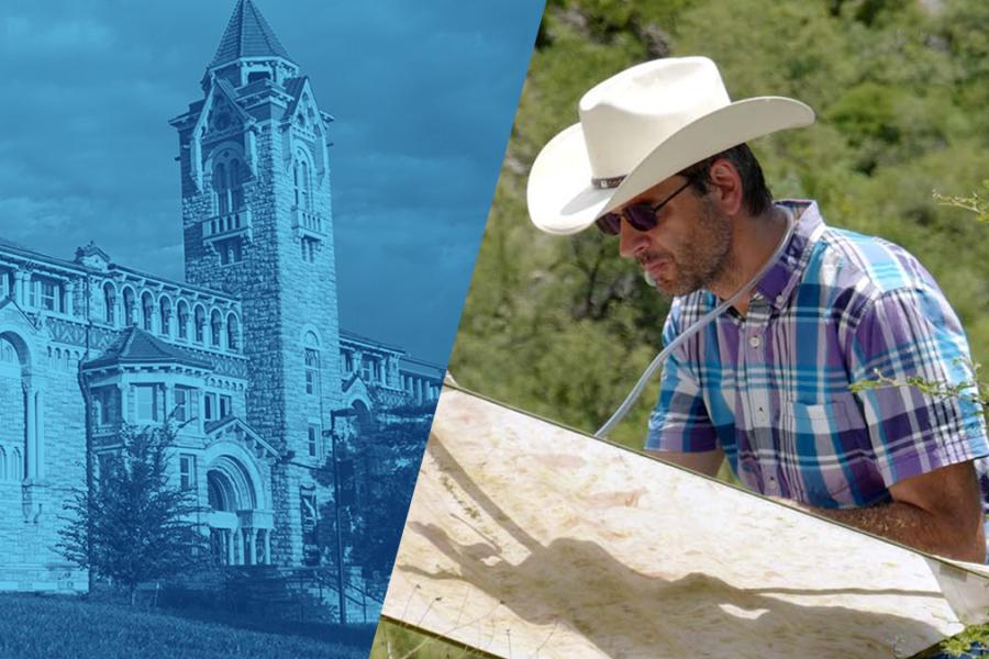 Split picture of Dyche Hall in blue tint to left of image of Nico Franz in brimmed hat, sunglasses in field.