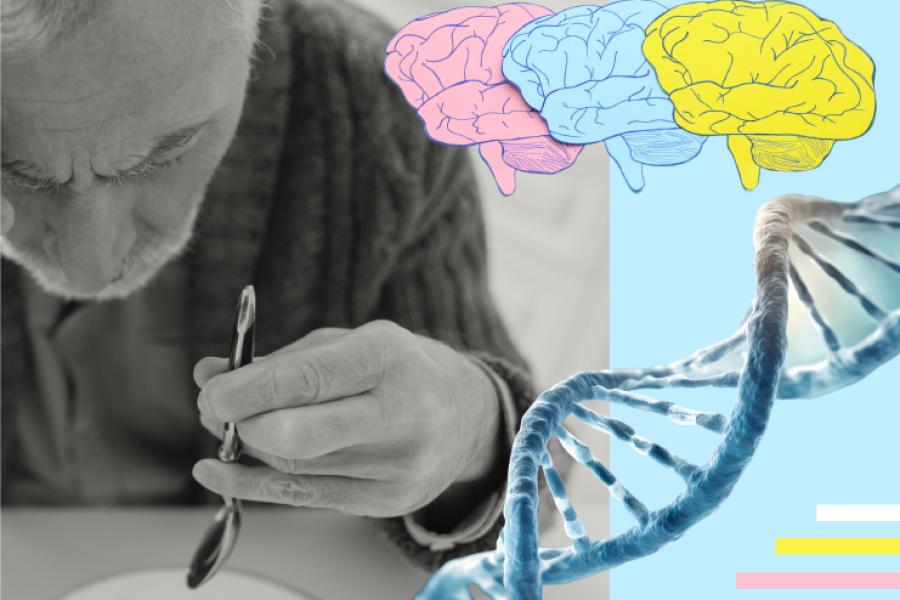 A man struggles to hold a spoon steady with drawings of brains and an illustration of a DNA strand overlaid