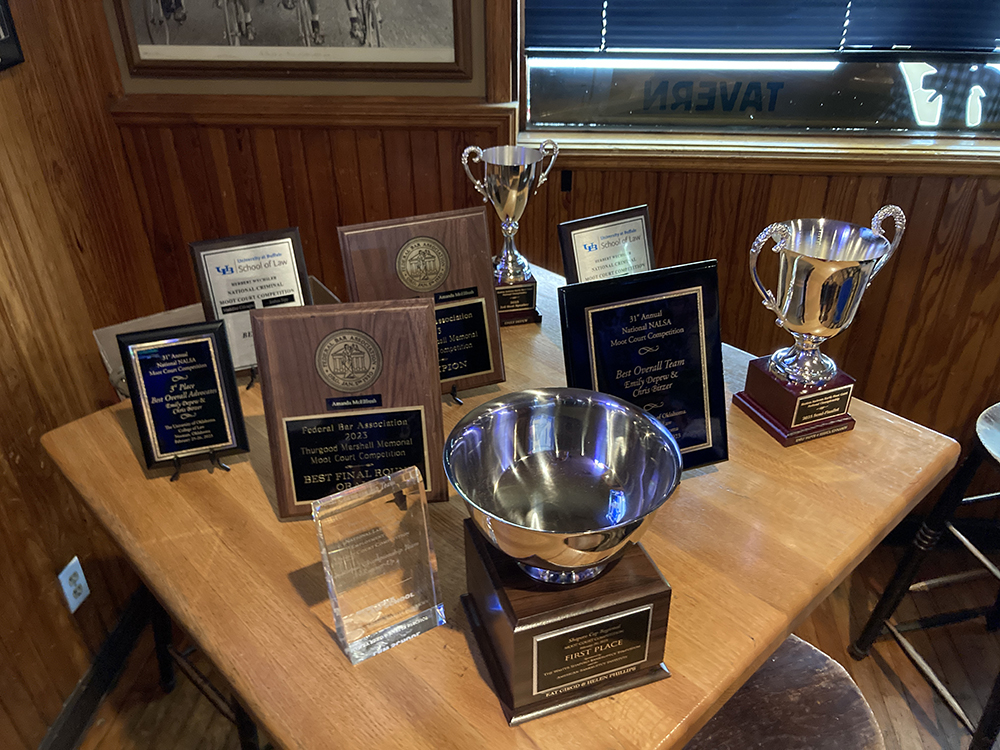 Moot court trophies at law school.