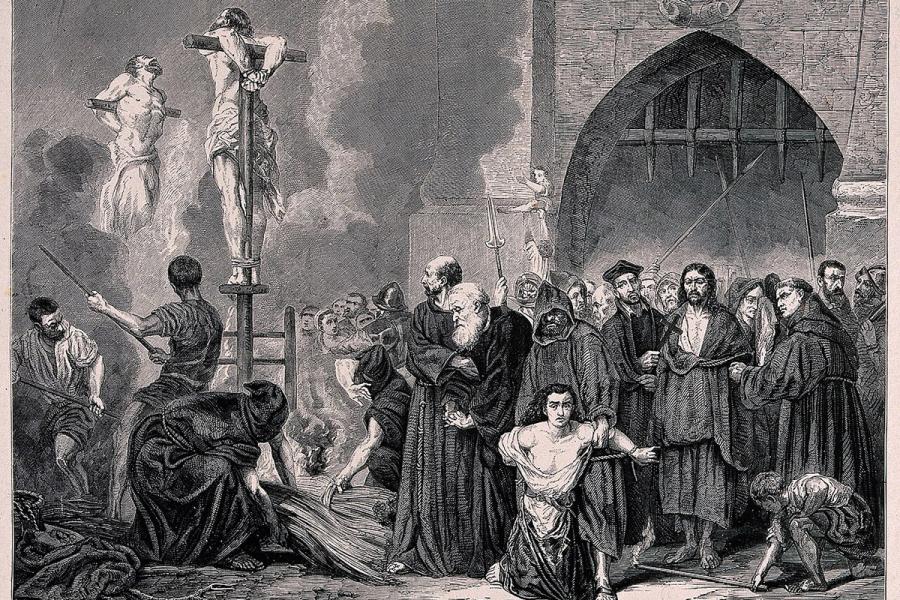 Engraving depicting men being burnt at the stake