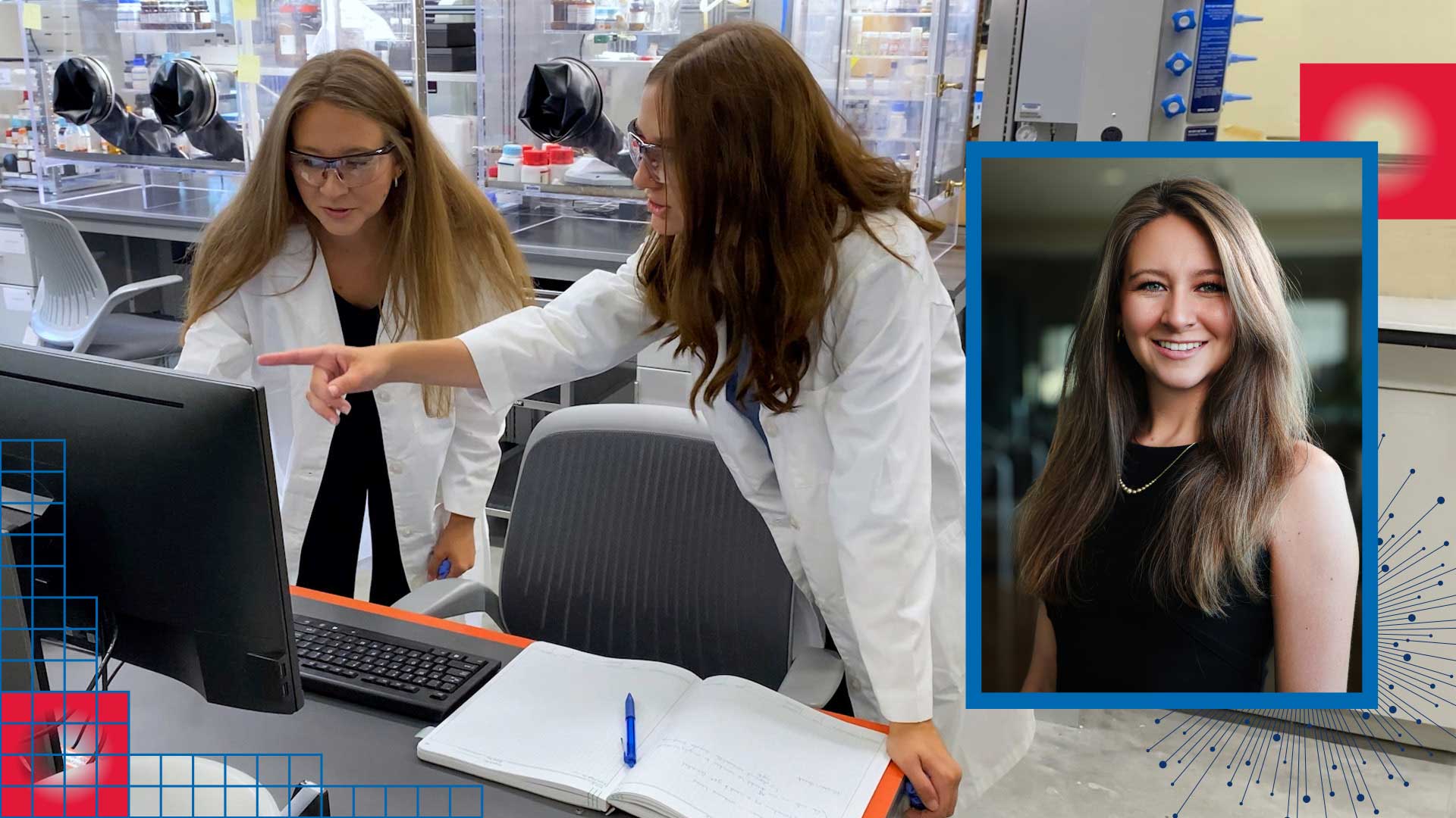 Kalin Baca shown working in a KU lab in 2023 with professional portrait superimposed over main image.