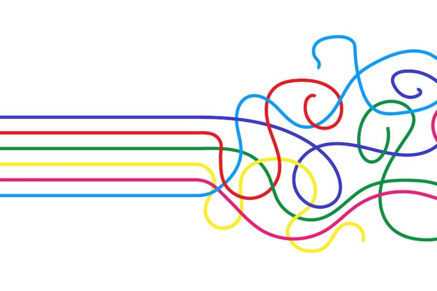 Colorful straight lines transform into a shapeless mess, representing order into chaos.