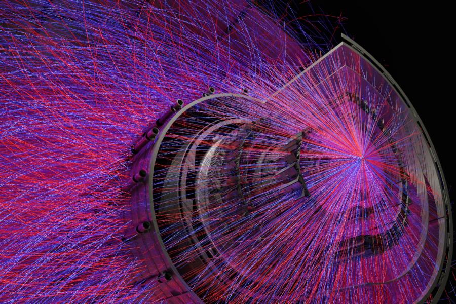 An image of lead-lead collisions at the Large Hadron Collider at 5.02TeV per nucleon pair in the center of mass, recorded by the ALICE detector in Run2 in the year 2018.
